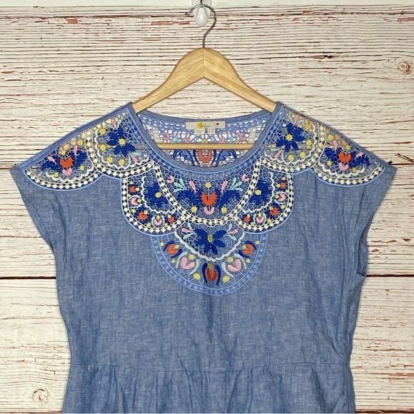 Boden Fleur Embroidered Linen Dress in Gray Blue Chambray Sz 6 - Picture 7 of 14